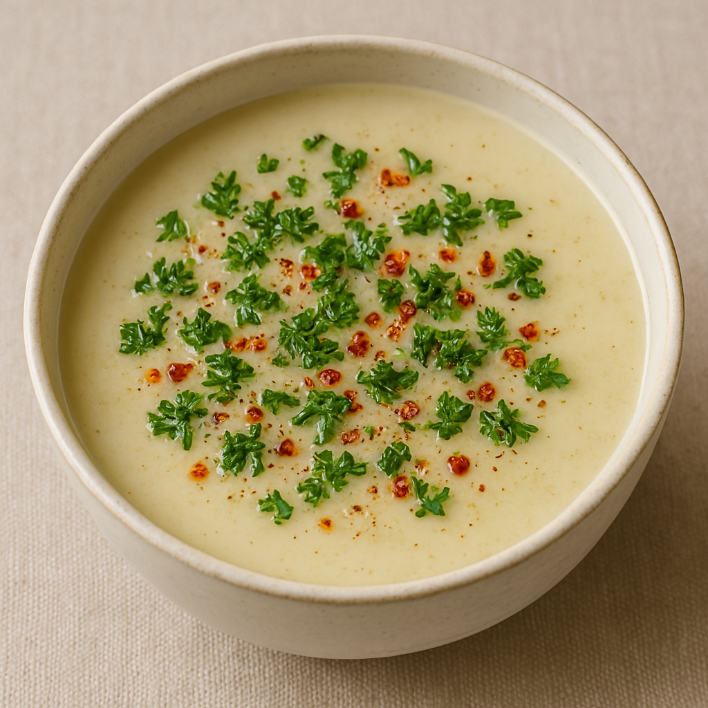 Cremige Suppe mit Kräutern und Chili dekoriert
