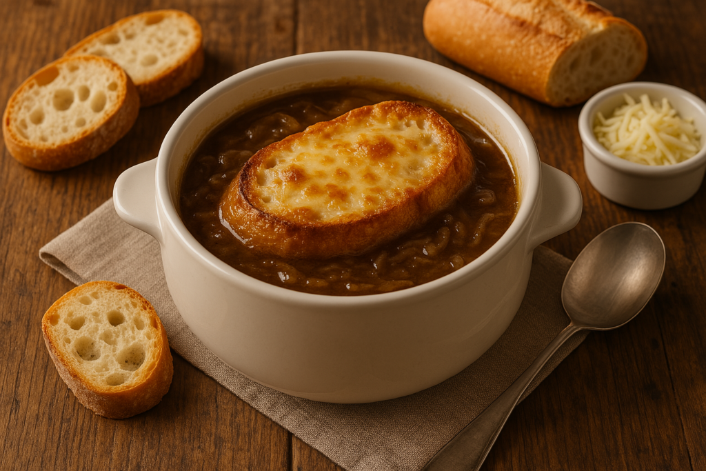 Ofenfrische Zwiebelsuppe mit überbackenem Baguette auf Holztisch