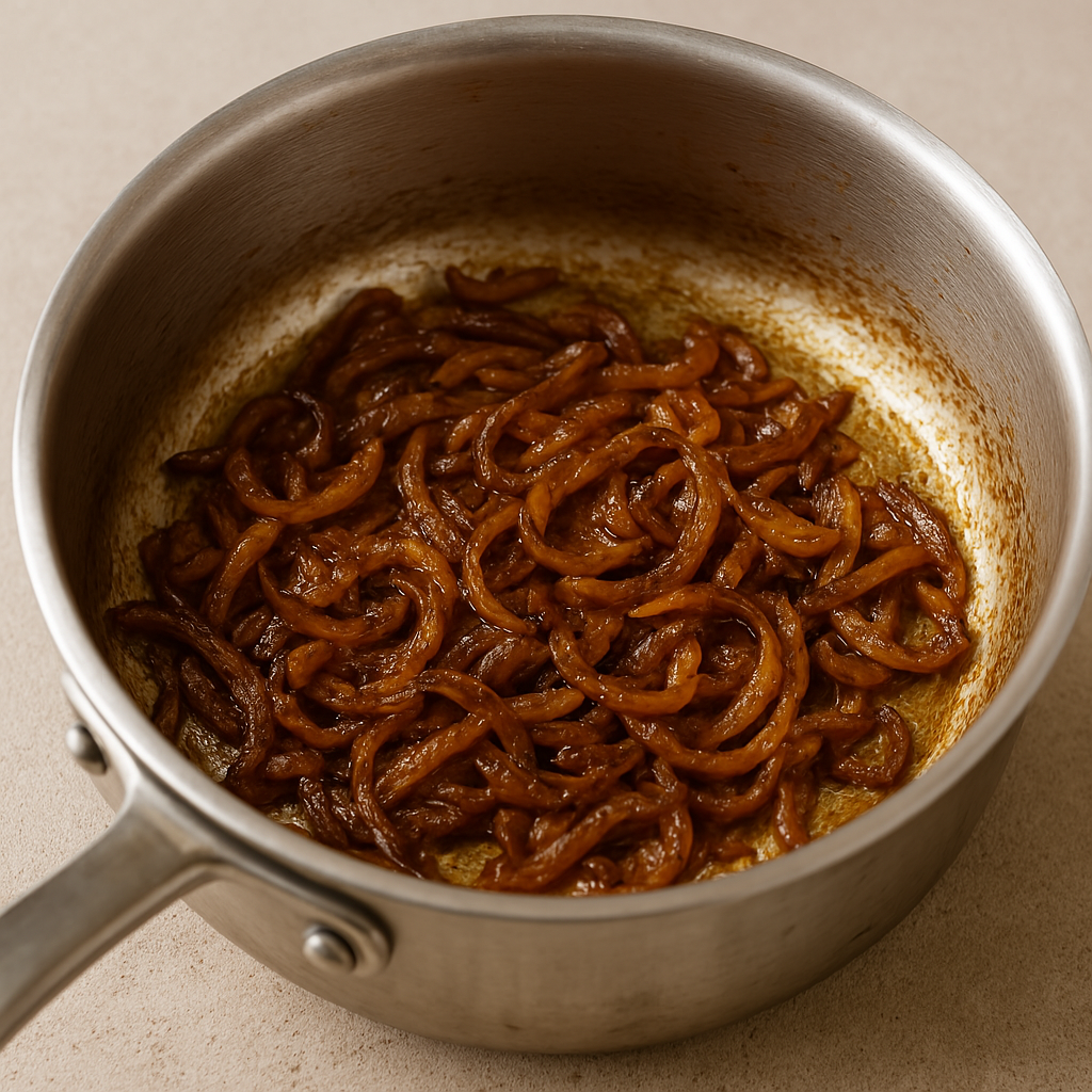 Rote Zwiebeln im Topf werden goldbraun karamellisiert