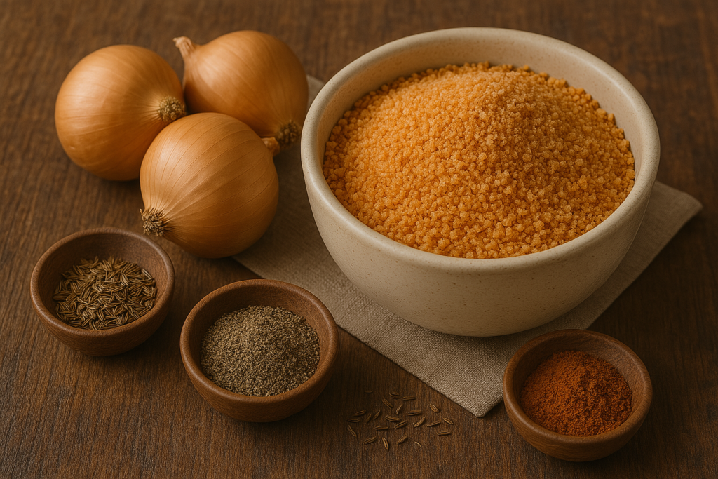 Zutaten für Zwiebel-Tarhana-Suppe Zwiebeln, Tarhana, Gewürze