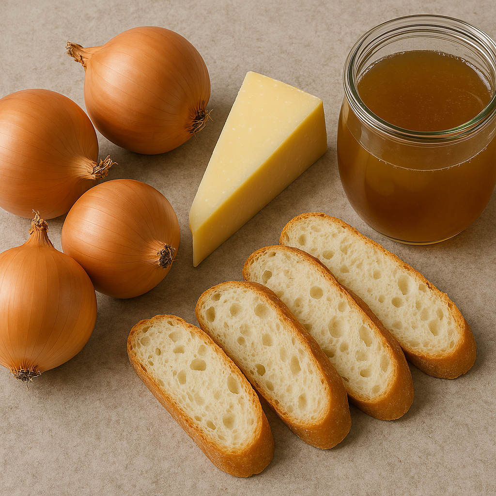 Zutaten für französische Zwiebelsuppe Zwiebeln, Käse, Baguette, Brühe