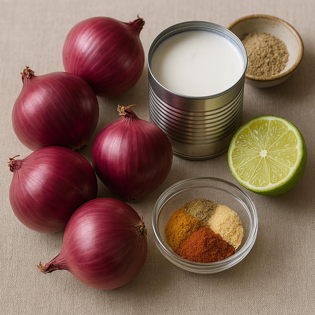 Zutaten: rote Zwiebeln, Kokosmilch, Gewürze, Limette